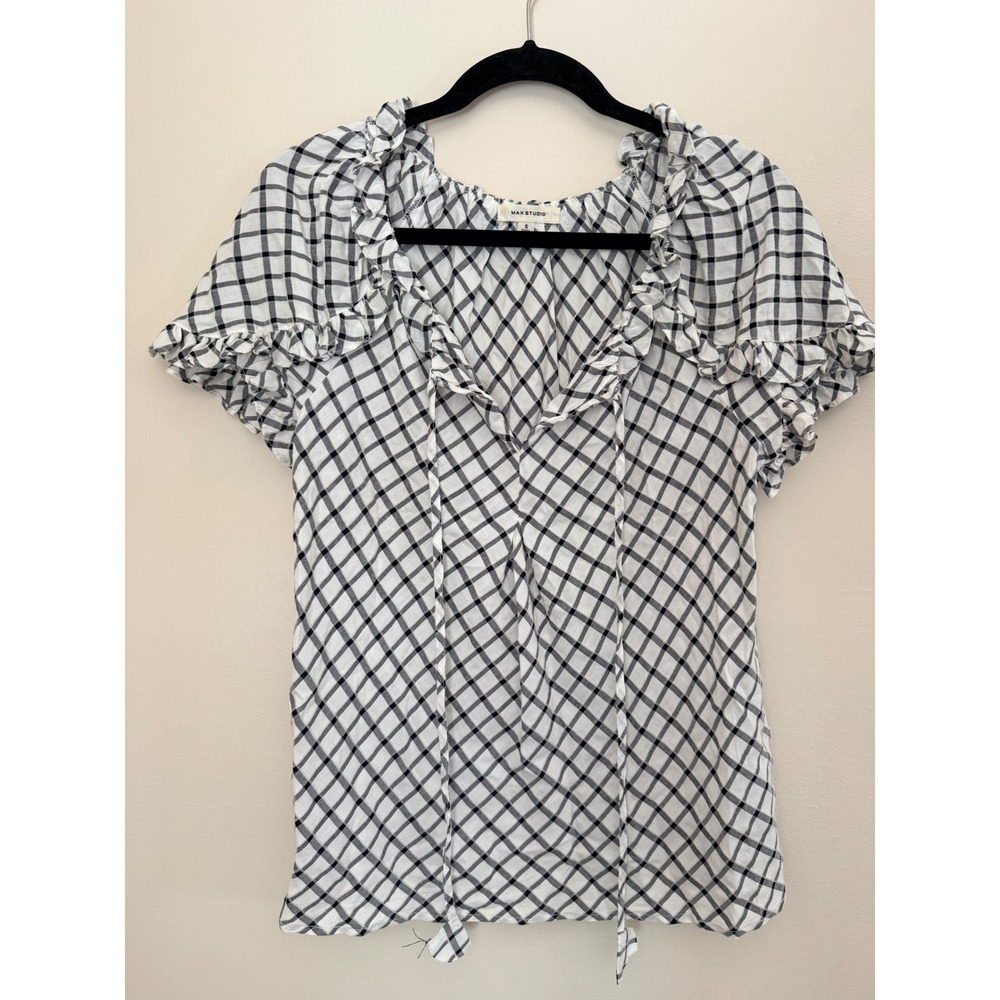 Max Studio Womens Black White Grid Ruffle Tie Neck Blouse Top 2702J78 S